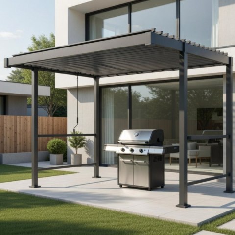 Pergola grillowa Stalowa Mirador 80 BBQ 3 × 2,5 m z blatem barowym Antracyt Regulowane Lamele