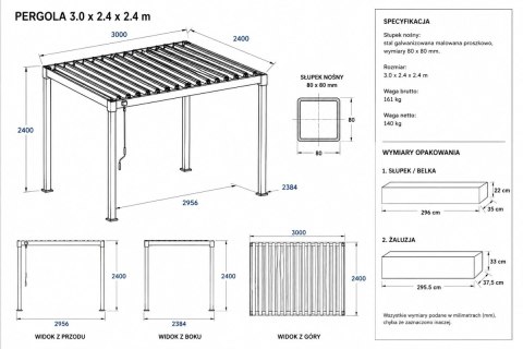 Pergola wolnostojąca tarasowa MIRADOR Solid 80 - 3 x 2,4 m Antracyt | PRZEDSPRZEDAŻ |
