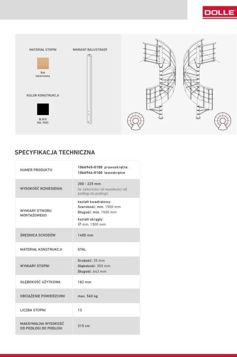 Schody spiralne Dolle Cambrigde Bukowe śr. 140 cm Premium