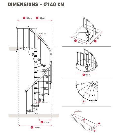 Schody Spiralne Calgary Srebrne-Buk Kręcone 140cm