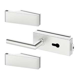 Zestaw Okuć do drzwi szklanych SLIM PRO Srebrne INOX zamek na wkładkę patent