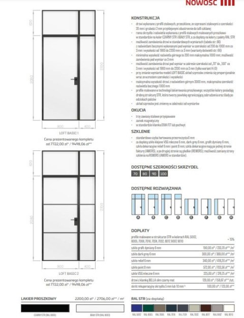 Drzwi Erkado Loft Steel BASIC 2 w ramie 1100x2080 Szpros Różne Szklenia Różne Kolory lub NA WYMIAR