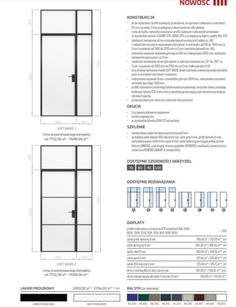 Drzwi Erkado Loft Steel BASIC 2 w ramie 900x2080 Szpros Różne Szklenia Różne kolory lub NA WYMIAR