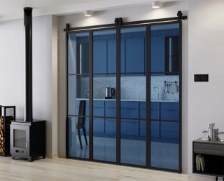 Drzwi Harmonijkowe Podwójne Przesuwne Łamane Aluminium Gładkie Szyba Loft Grafit 2x97