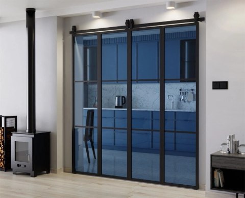 Drzwi Harmonijkowe Podwójne Przesuwne Łamane Aluminium Gładkie Szyba Loft Grafit 2x97