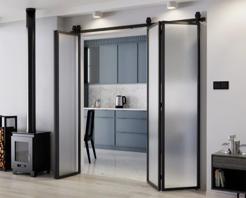 Drzwi Harmonijkowe Podwójne Przesuwne Łamane Aluminium Gładkie Szyba Mleczna 2x97