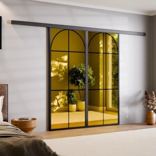 Drzwi Podwójne Przesuwne Aluminium Gładkie Szyba Loft Lustro Złote Łuk 2