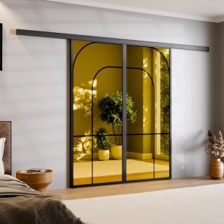 Drzwi Podwójne Przesuwne Aluminium Gładkie Szyba Loft Lustro Złote Łuk 3