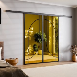 Drzwi Podwójne Przesuwne Aluminium Gładkie Szyba Loft Lustro Złote Łuk 4