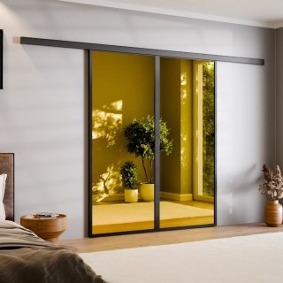 Drzwi Podwójne Przesuwne Aluminium Gładkie Szyba Loft Lustro Złote