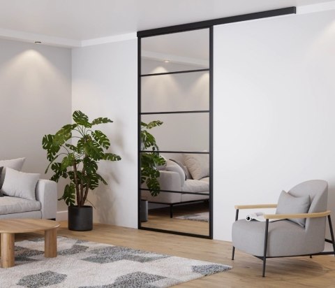 Drzwi Przesuwne Szklane LAGUNA Aluminium Czarne Lustro Montaz do sufitu
