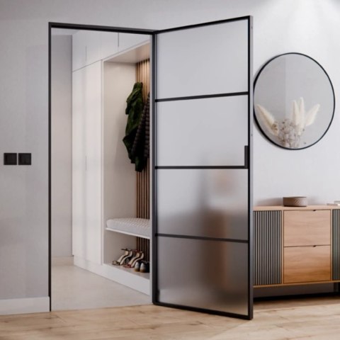 Drzwi Rozwierane Aluminium Czarne Slim Magnetic Komplet z Ościeżnica Satyna 4 pola