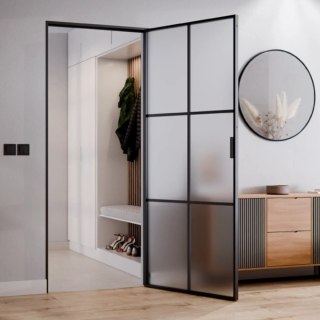 Drzwi Rozwierane Aluminium Czarne Slim Magnetic Komplet z Ościeżnica Satyna 6 pól