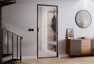 Drzwi Rozwierane Aluminium Czarne Slim Magnetic Komplet z Ościeżnica Szyba Float Bez Wzoru