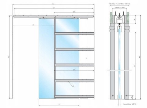 Drzwi Szklane Przesuwne System GK do zabudowy Kaseta 75/85 cm Zestaw